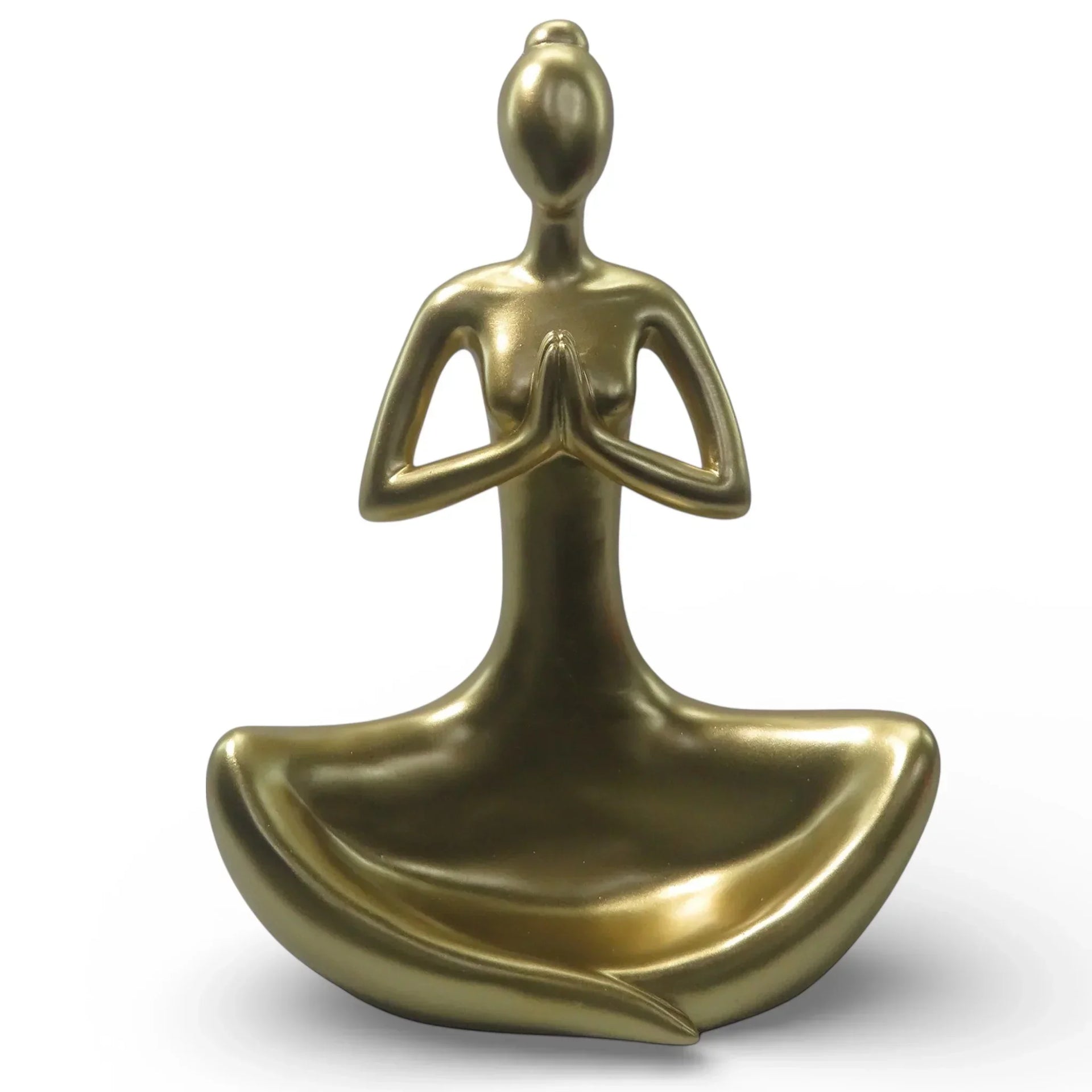 Gold meditation statue for home décor, yoga figure with hands in prayer pose, elegant zen accent piece