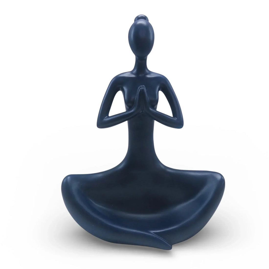 Navy blue meditating figure sculpture for home décor, yoga-inspired zen accent piece