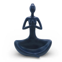 Navy blue meditating figure sculpture for home décor, yoga-inspired zen accent piece
