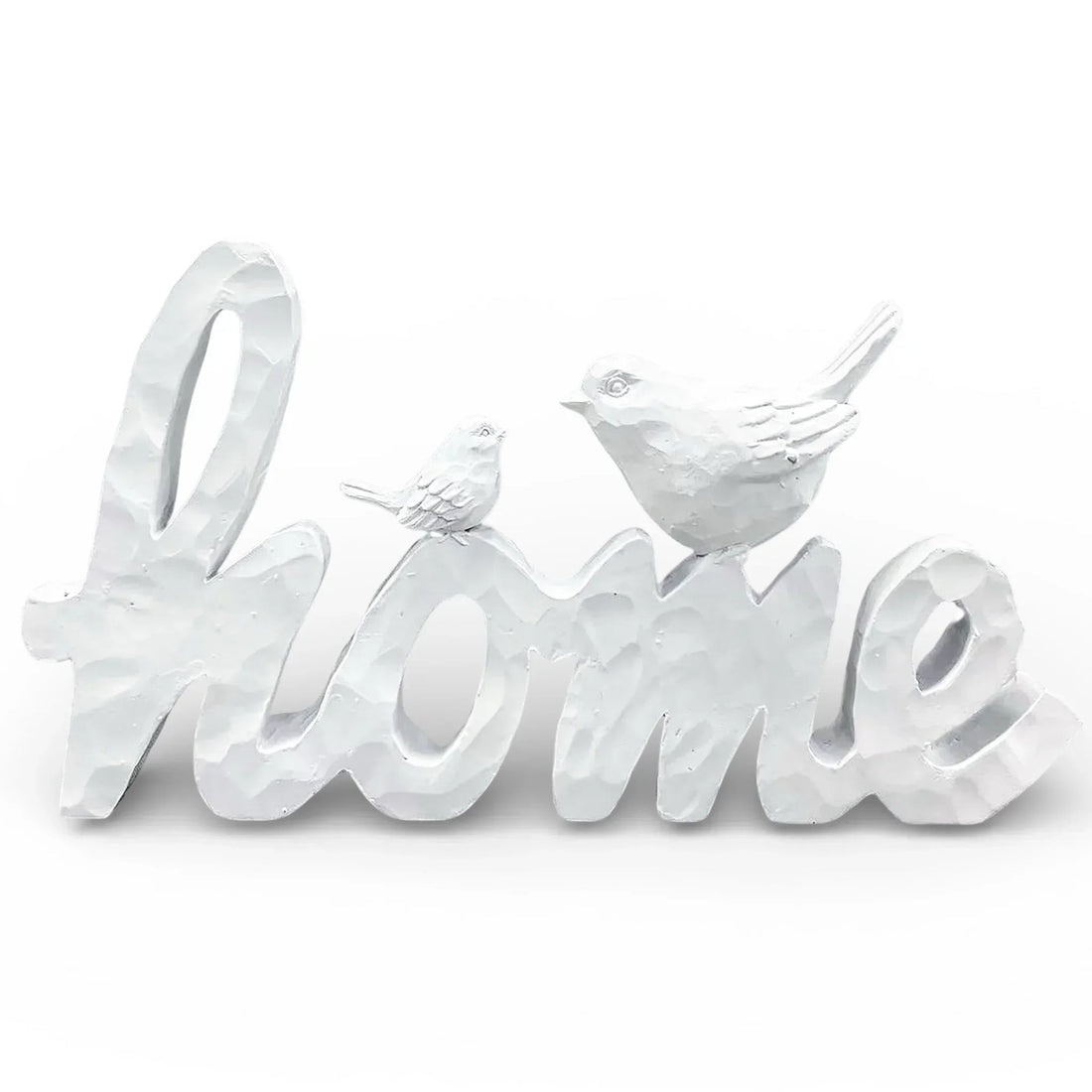 Silver 'Home' sign with two birds, rustic metal home décor for living room or shelf display