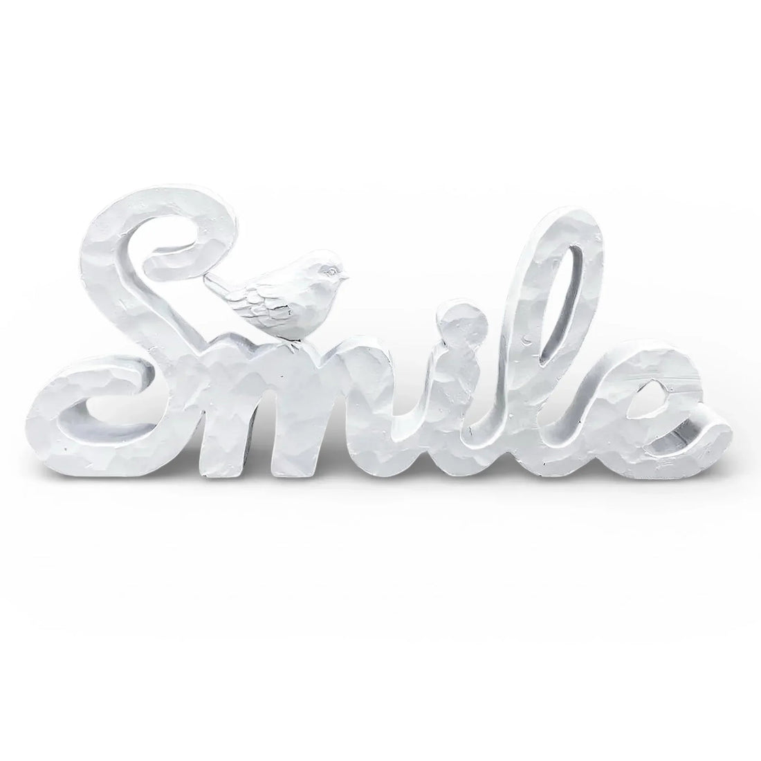 Silver 'Smile' word art with bird, home décor accent piece