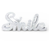 Silver 'Smile' word art with bird, home décor accent piece