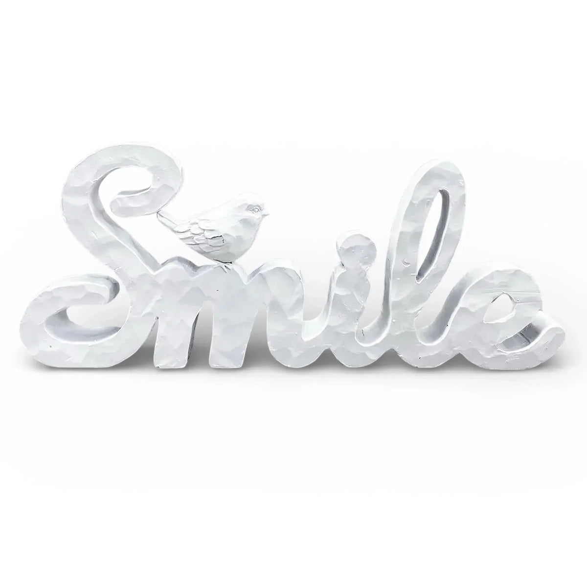 Silver 'Smile' word art with bird, home décor accent piece
