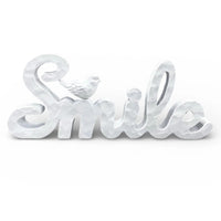 Silver 'Smile' word art with bird, home décor accent piece