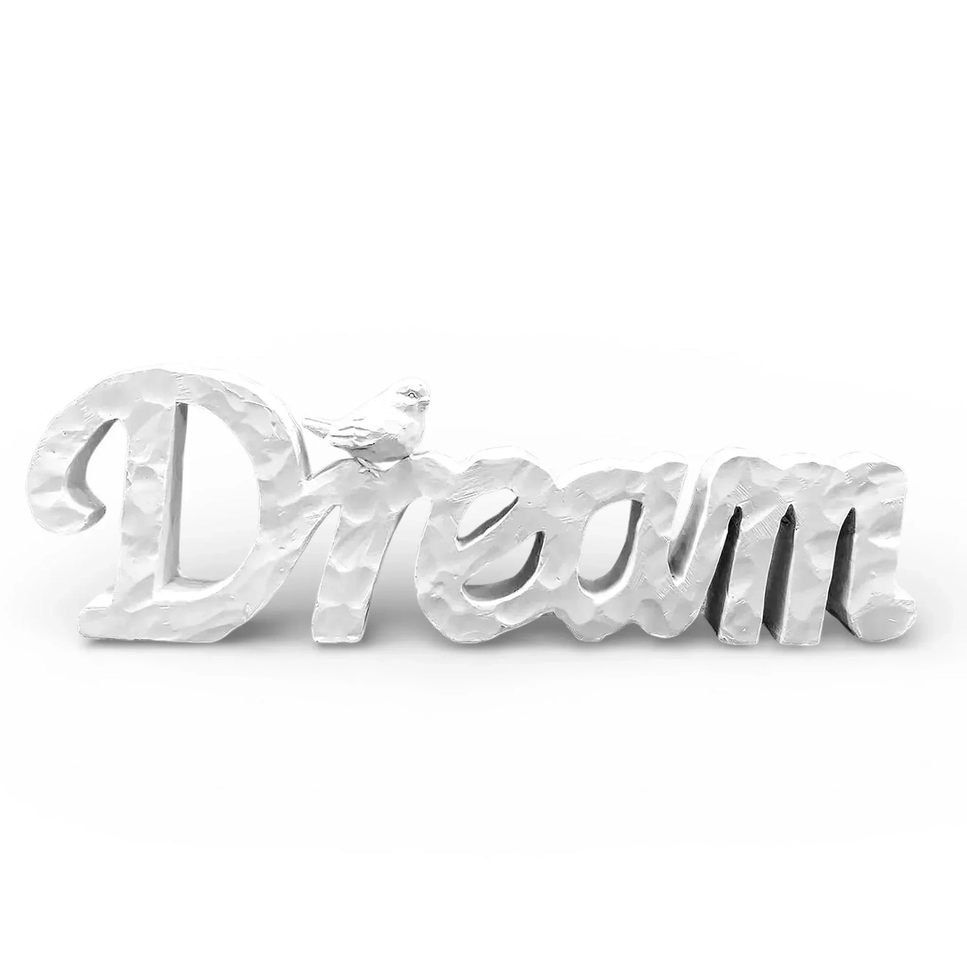 Silver 'Dream' word art with bird, textured home décor accent piece