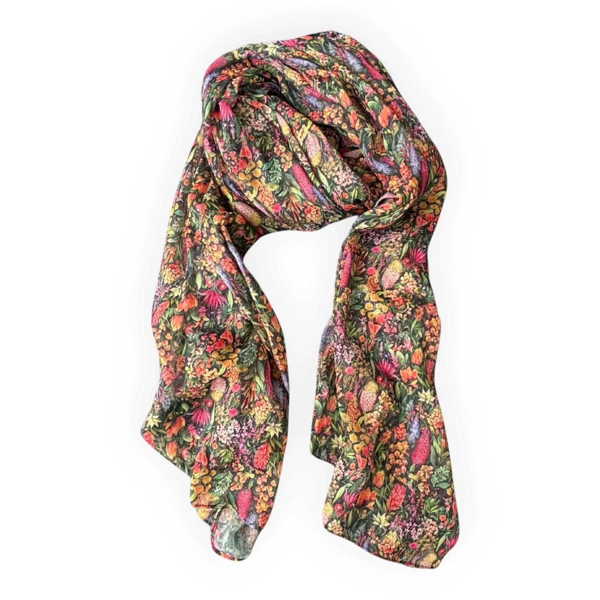 Vibrant floral print scarf with autumnal hues, perfect for stylish home décor or fashion accessory.