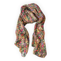 Vibrant floral print scarf with autumnal hues, perfect for stylish home décor or fashion accessory.
