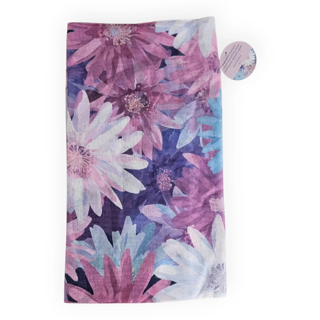 Purple and blue floral tea towel, home décor accessory with vibrant daisy print for kitchen or dining