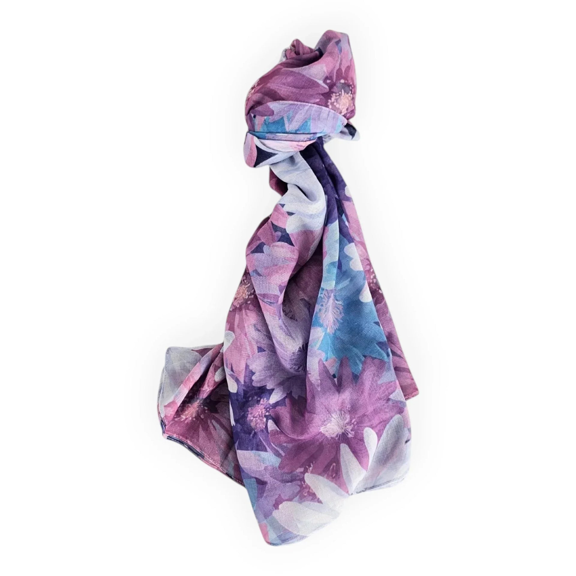 Elegant floral scarf in purple and blue hues, soft fabric, stylish home décor accessory