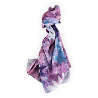 Elegant floral scarf in purple and blue hues, soft fabric, stylish home décor accessory