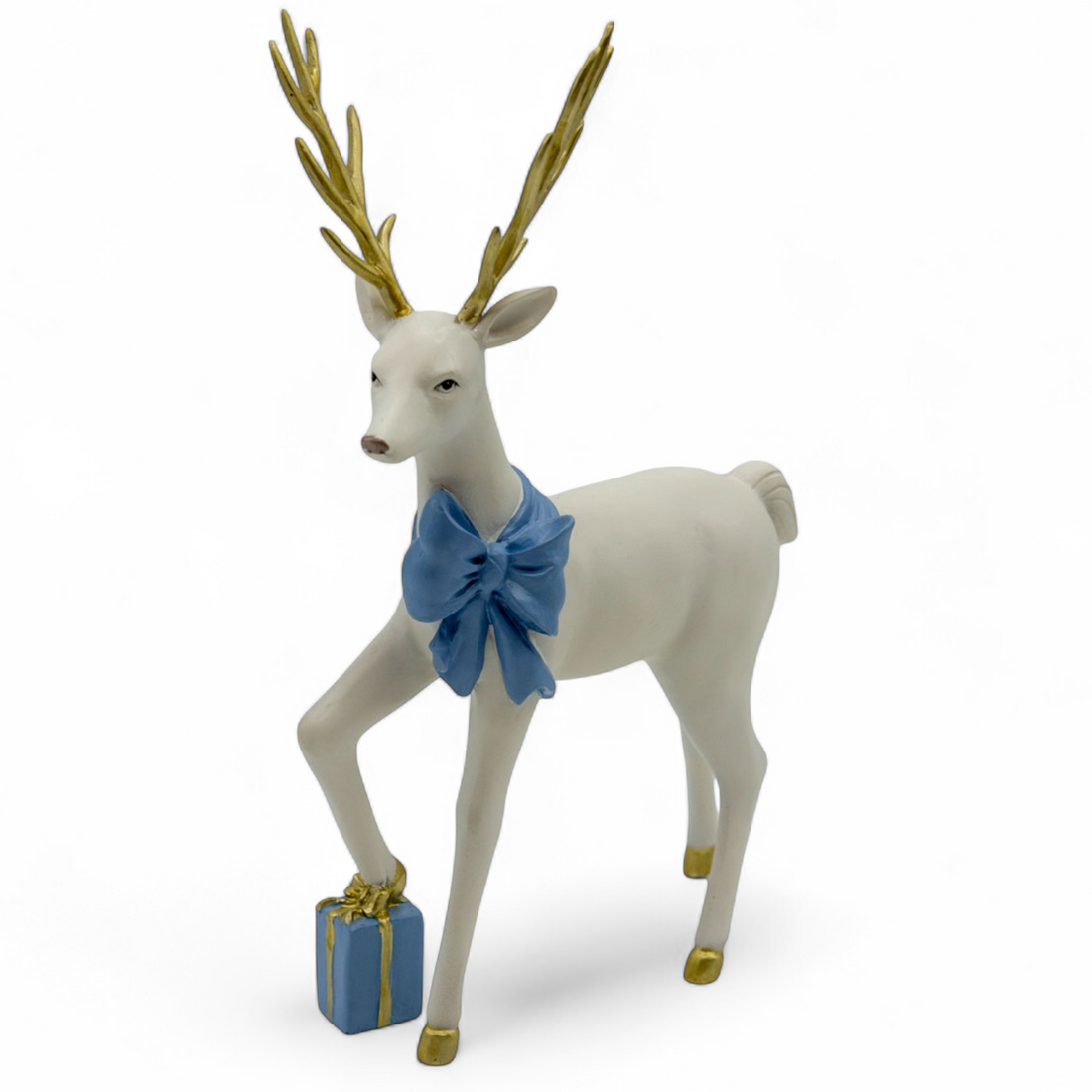Standing White Reindeer Blue Bow - 18.7x9x28.3cm