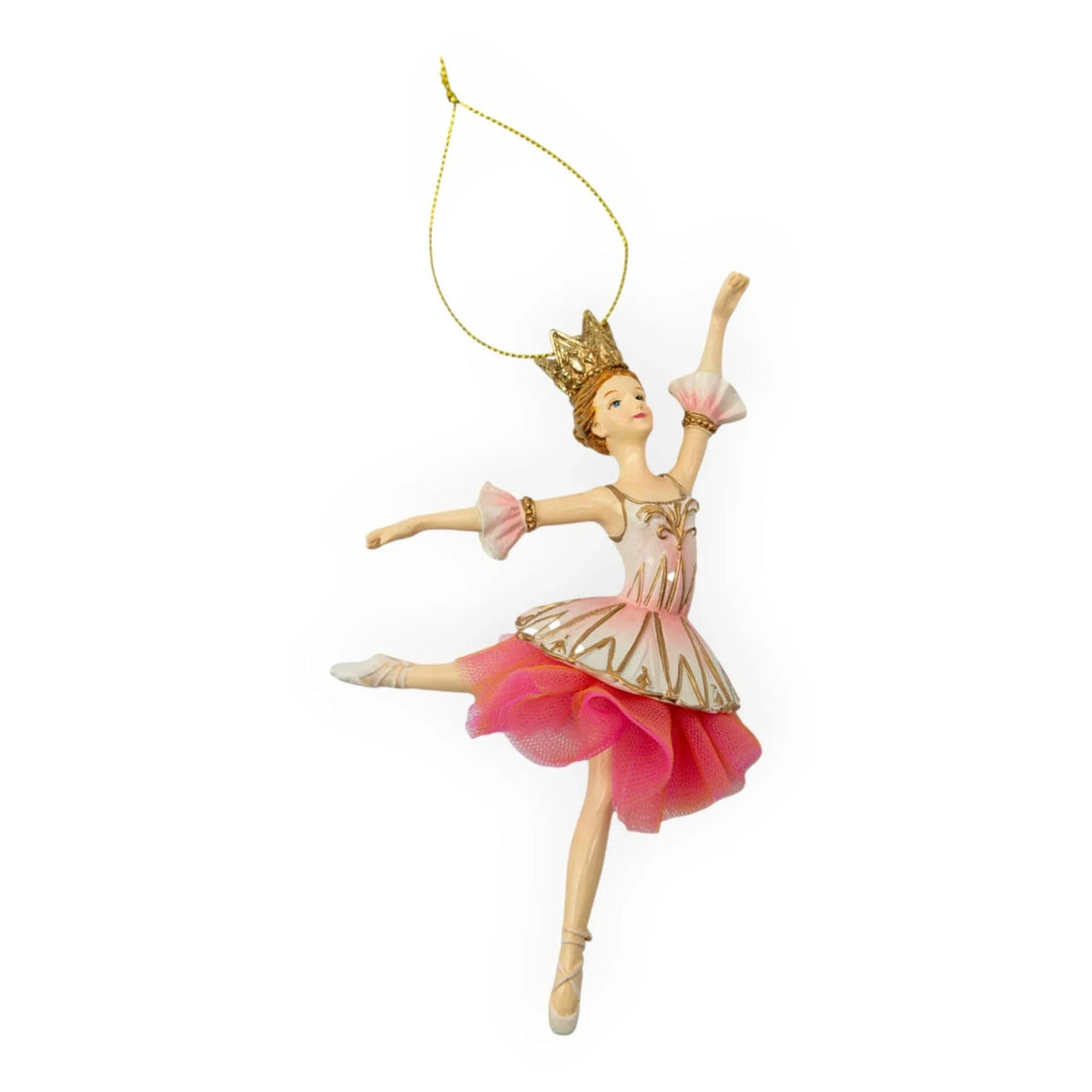 Pink ballerina ornament with gold crown, perfect for elegant home décor and Christmas tree hanging.