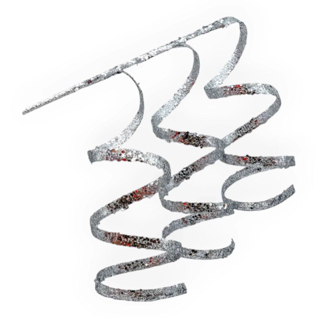 Sparkling silver glitter ribbon with red accents, perfect for festive home décor and gift wrapping.