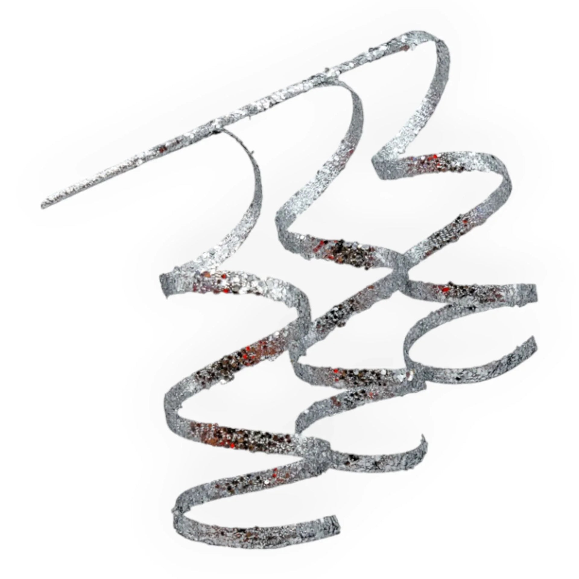 Sparkling silver glitter ribbon with red accents, perfect for festive home décor and gift wrapping.