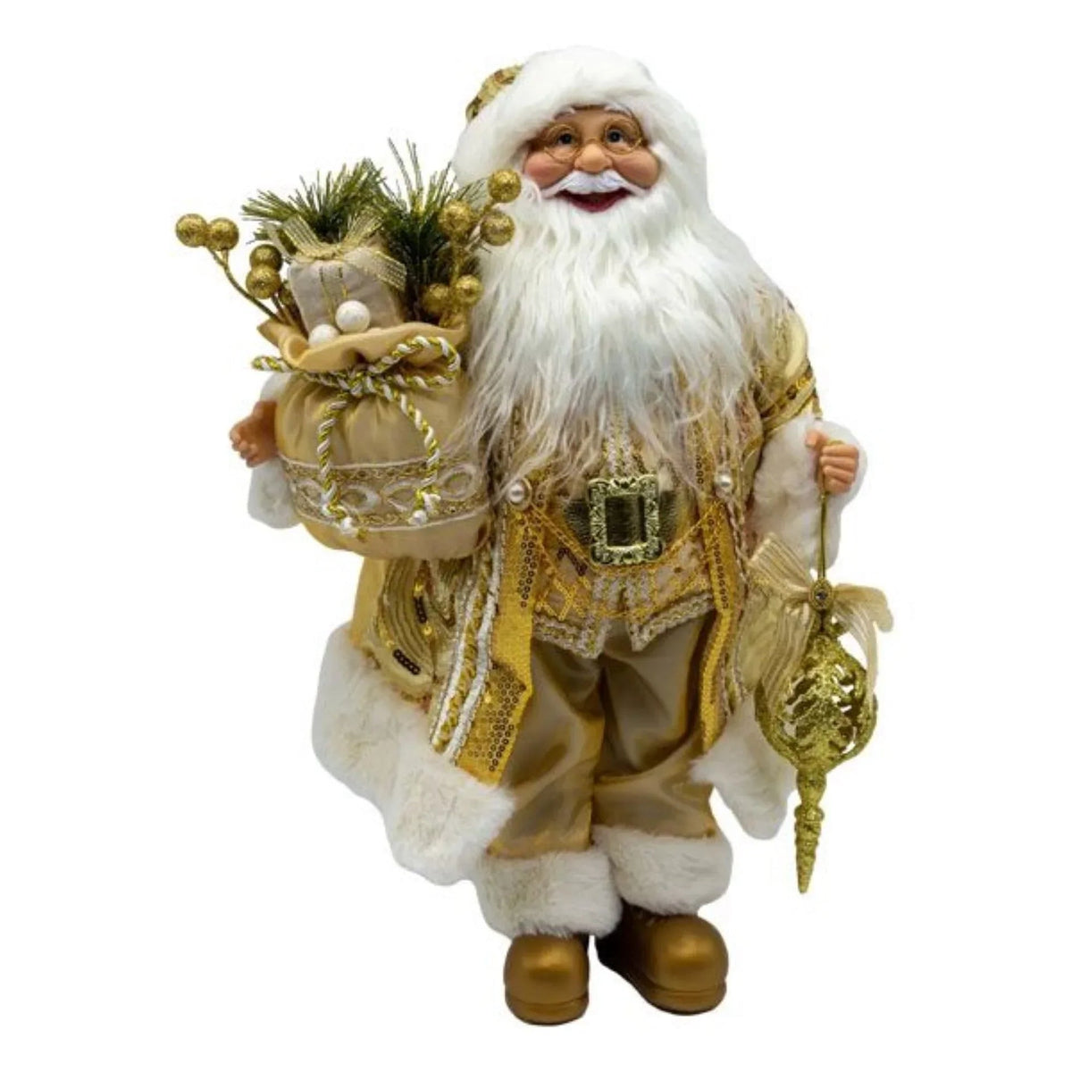 Luxury gold Santa Claus figurine with gift sack and ornament, festive holiday décor for home