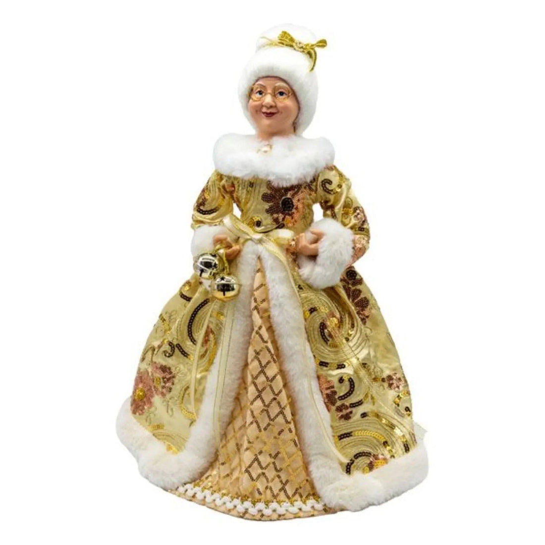 Elegant vintage-style figurine in gold embroidered gown with white fur trim, holding bells, perfect for holiday décor.