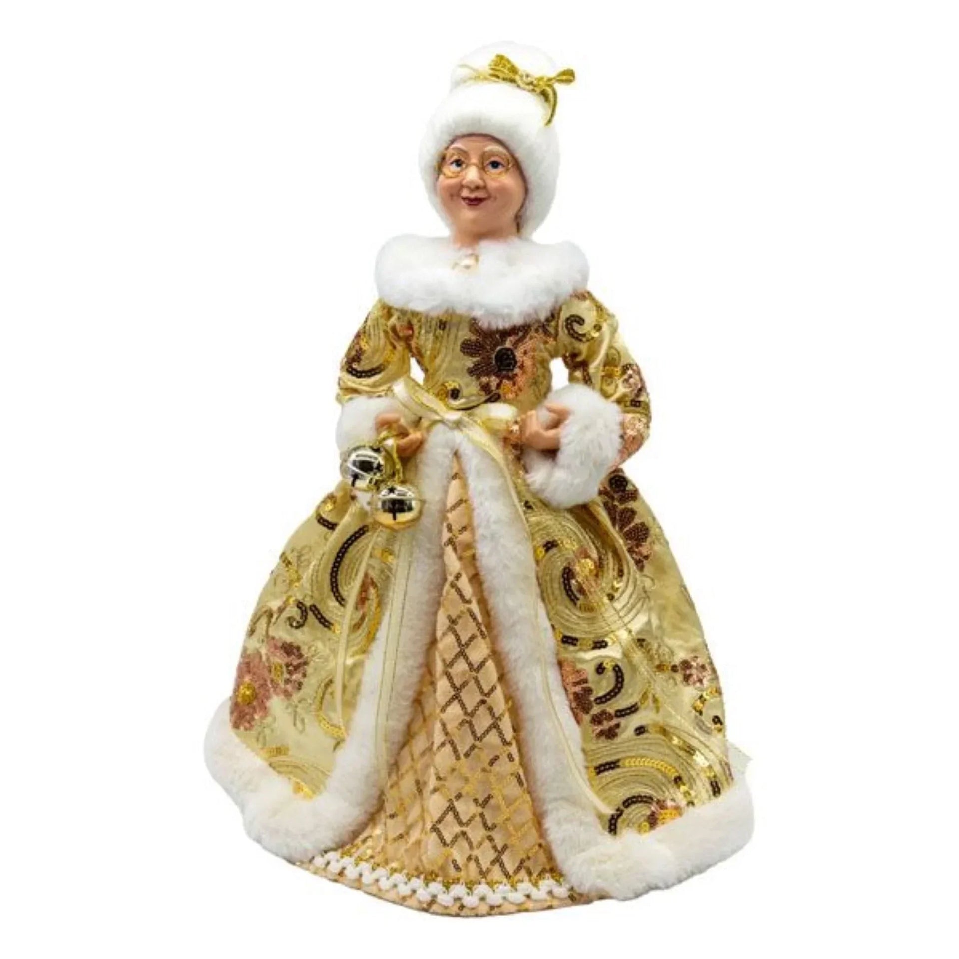 Elegant vintage-style figurine in gold embroidered gown with white fur trim, holding bells, perfect for holiday décor.