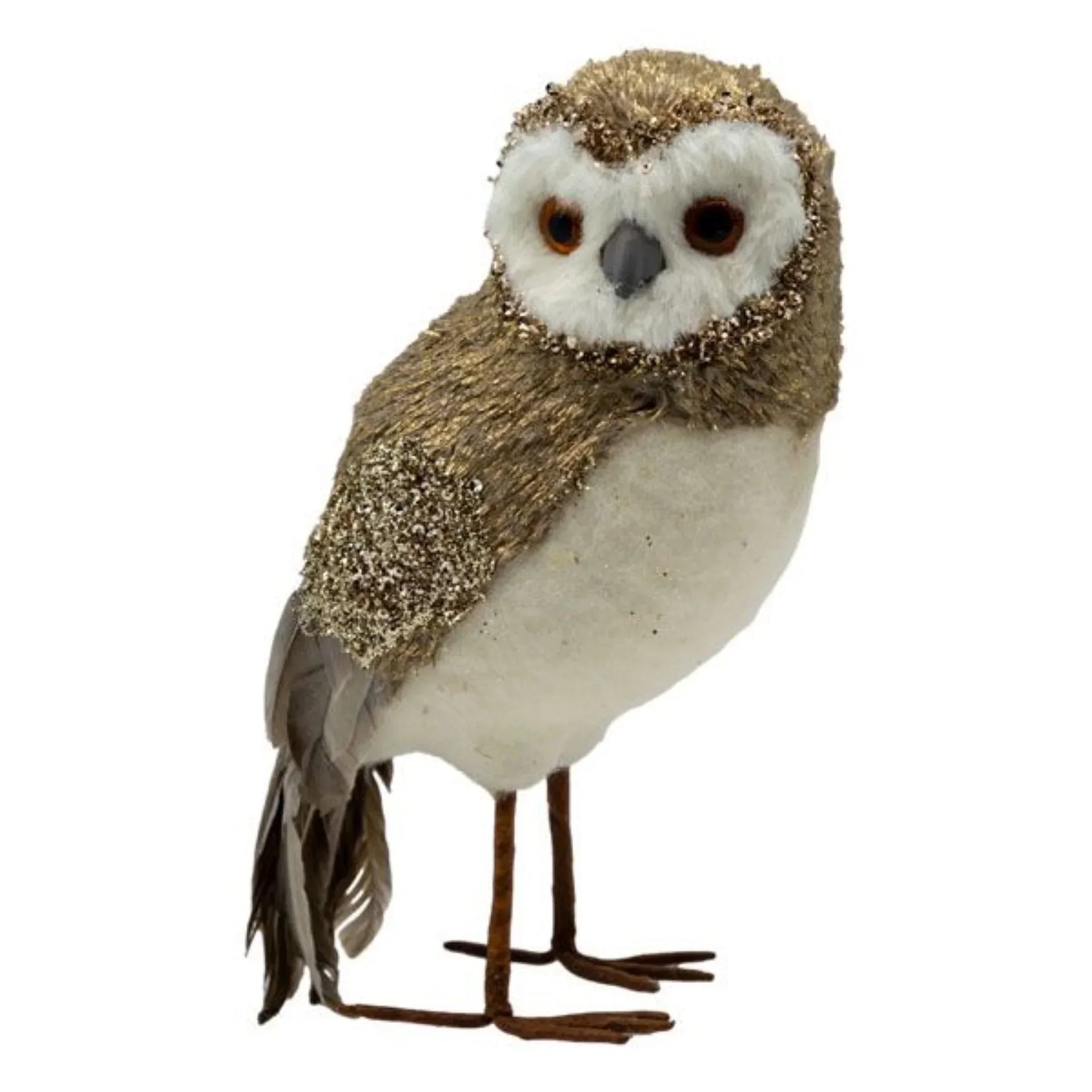 Glittery gold and white owl figurine with feathered wings, perfect for home décor and vintage-inspired interiors.