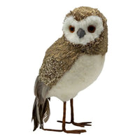 Glittery gold and white owl figurine with feathered wings, perfect for home décor and vintage-inspired interiors.