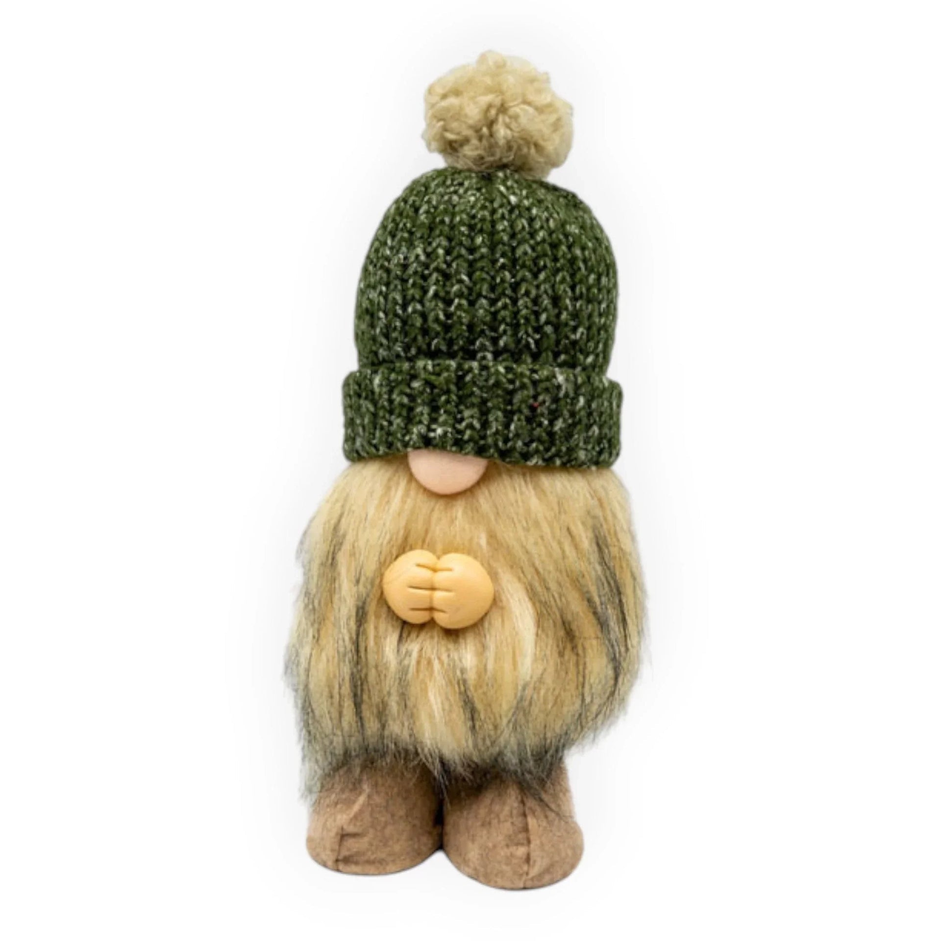 Charming gnome figurine with green knit hat, fluffy beard, and wooden boots for cozy home décor