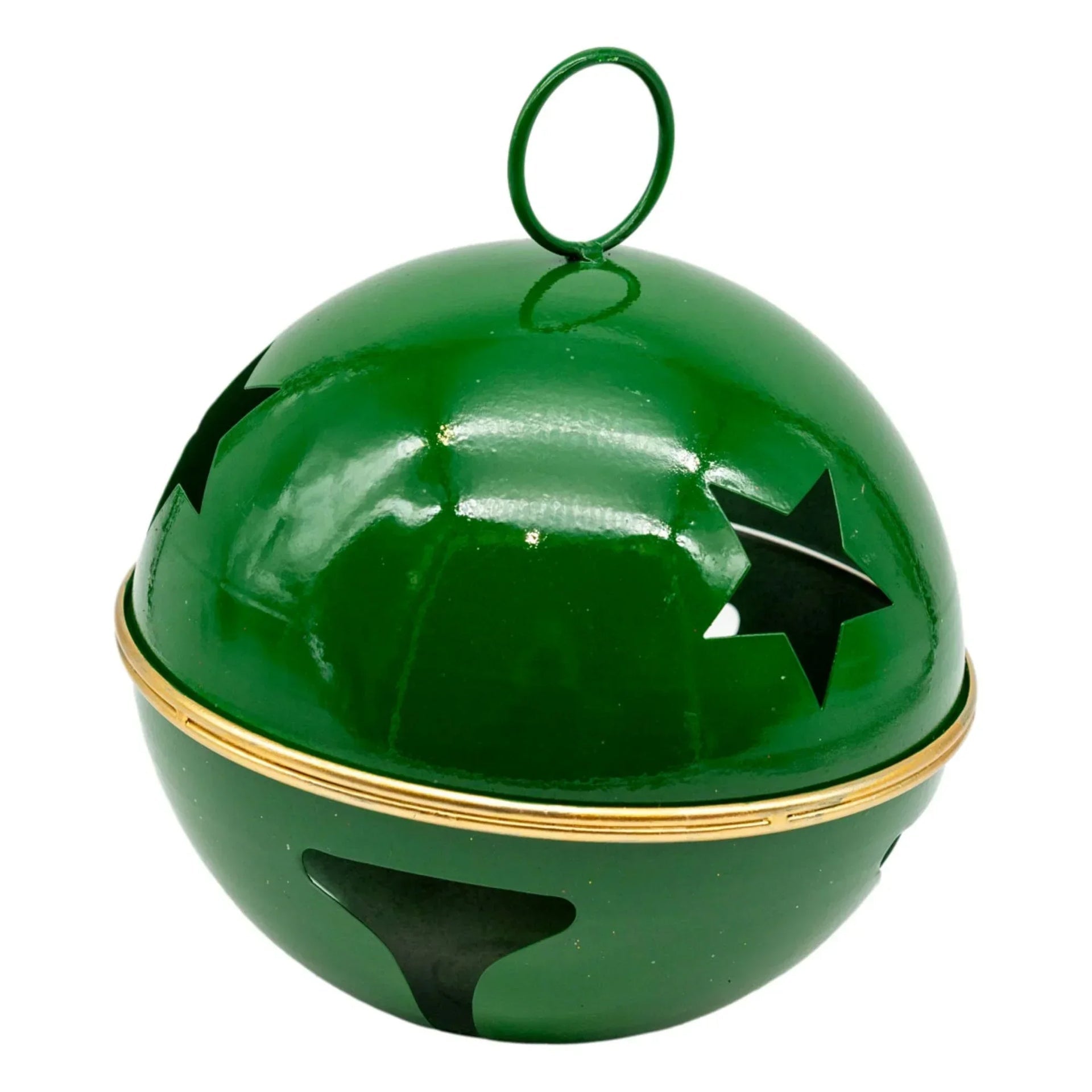 Green metal jingle bell with star cutouts and gold trim, festive holiday decoration