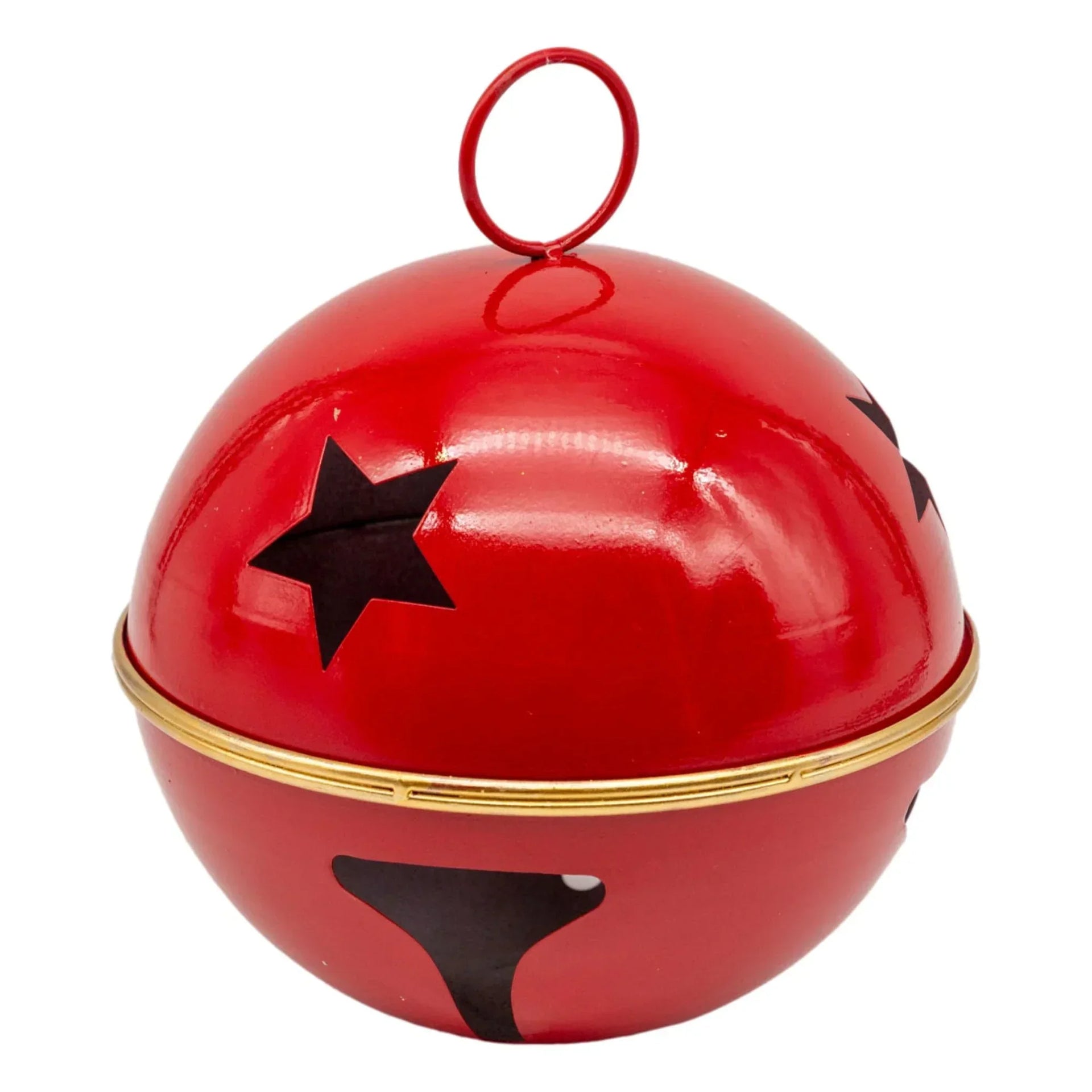 Red Christmas bell ornament with black star cutouts and gold trim, festive holiday décor
