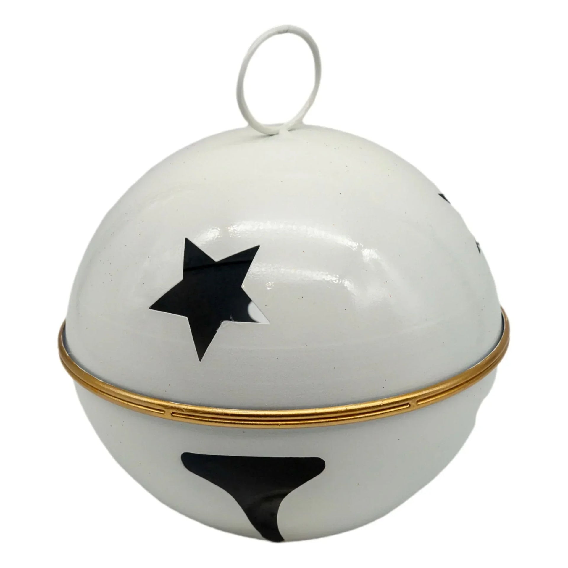 White enamel bell with black star cutouts and gold trim, festive home décor accent