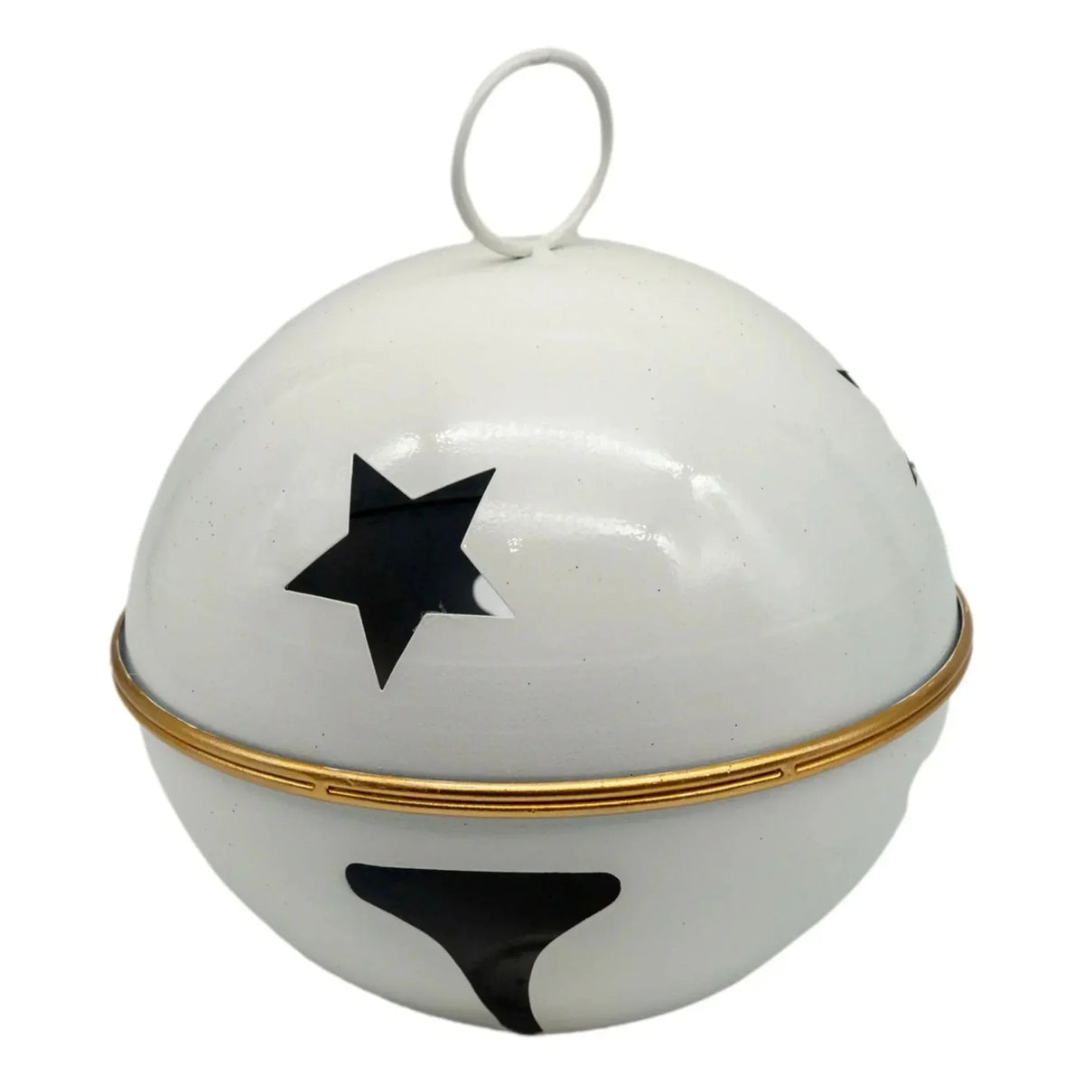 White enamel bell with black star cutouts and gold trim, festive home décor accent