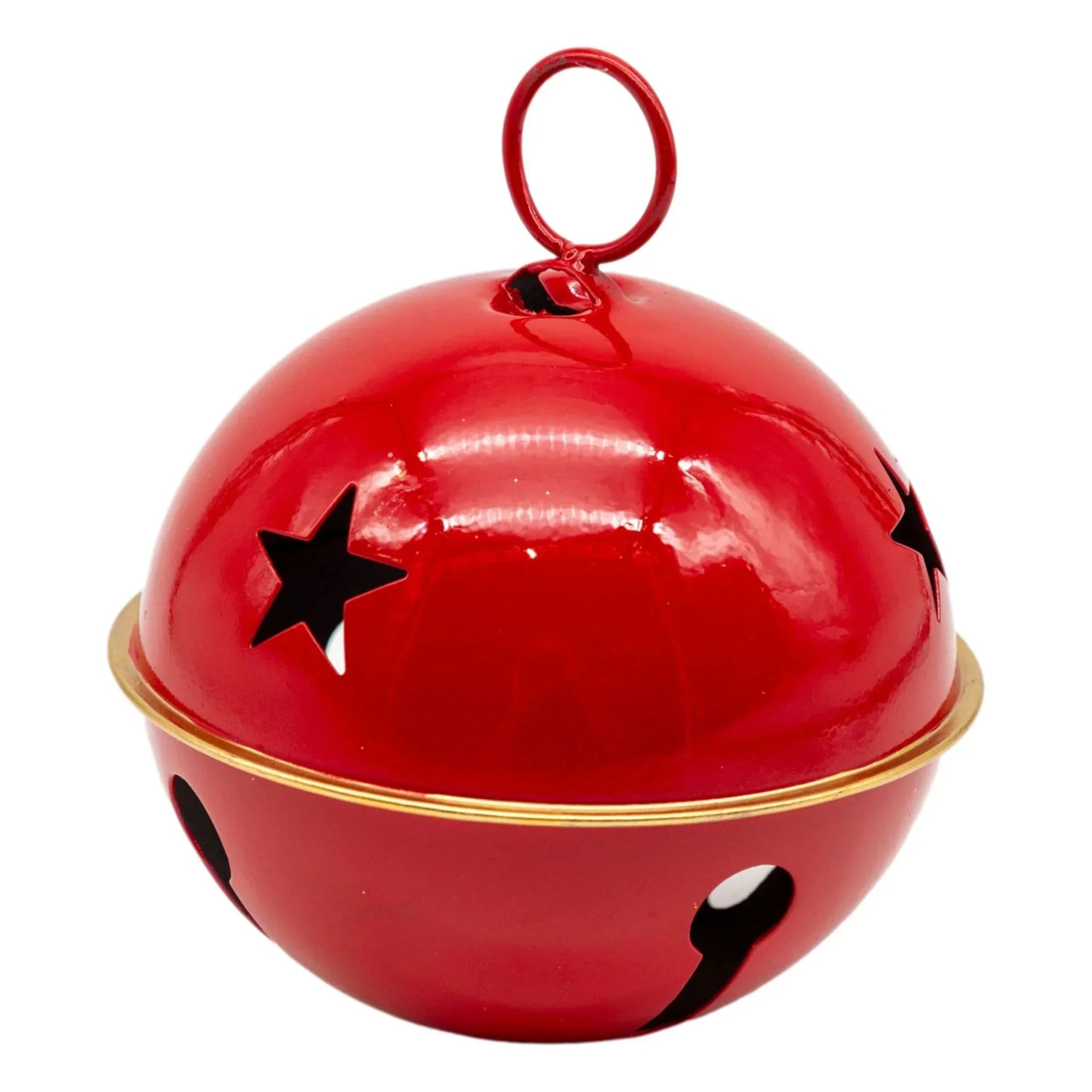 Red jingle bell with star cutouts, gold trim, and hanging loop for holiday home decor