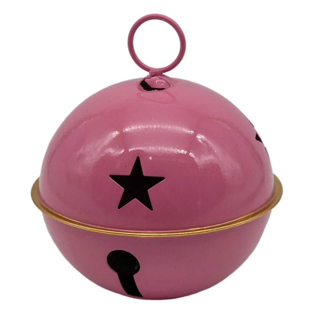 Pink metal bell ornament with black star cutout, gold trim, and hanging loop for home décor