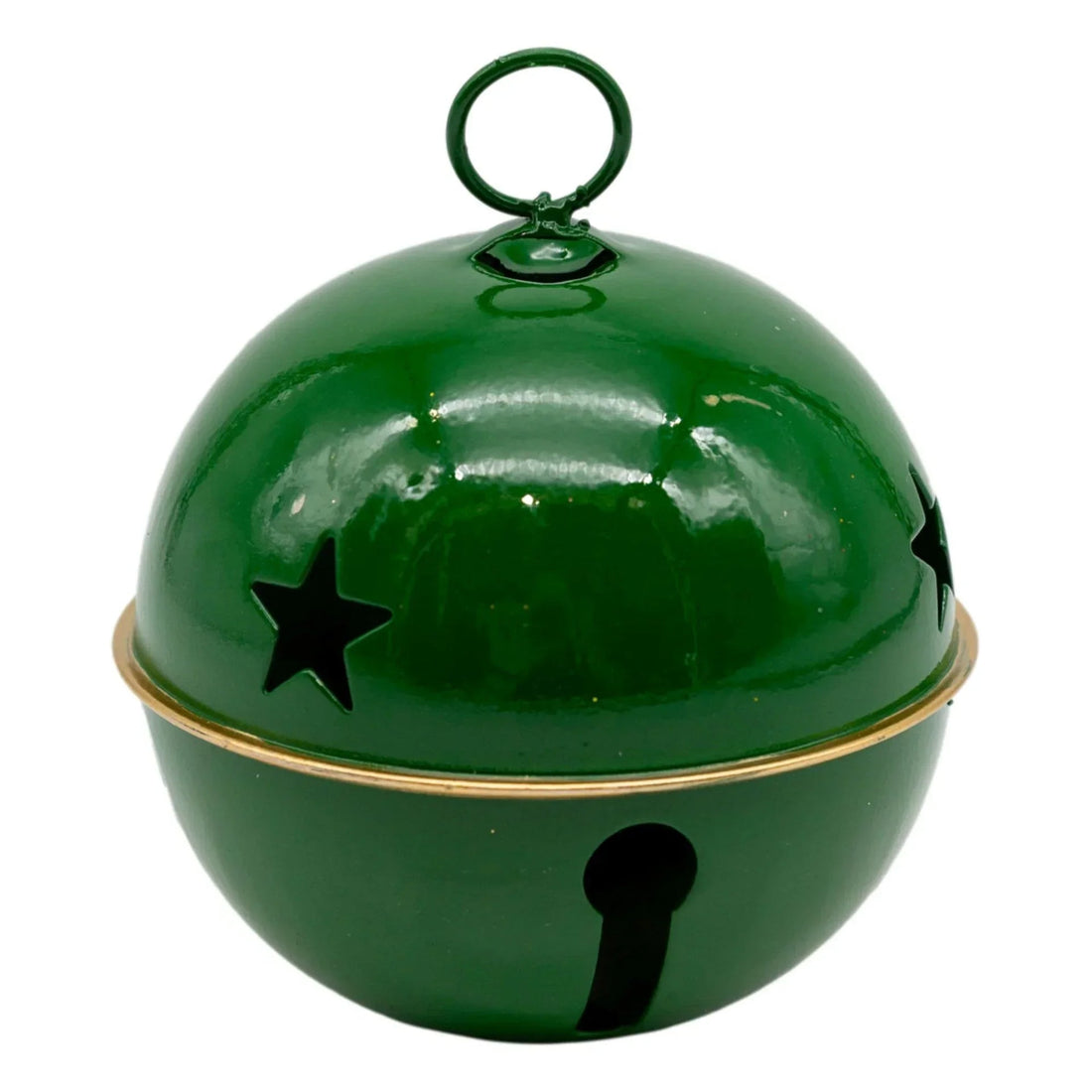 Green enamel jingle bell with star cutouts, gold trim, holiday home decor