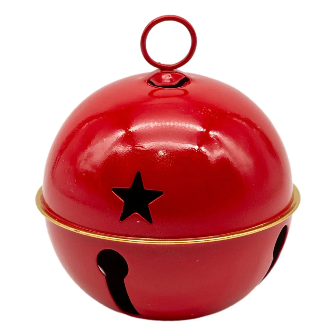 Red holiday jingle bell with star cutout, gold trim, and hanging loop for Christmas décor