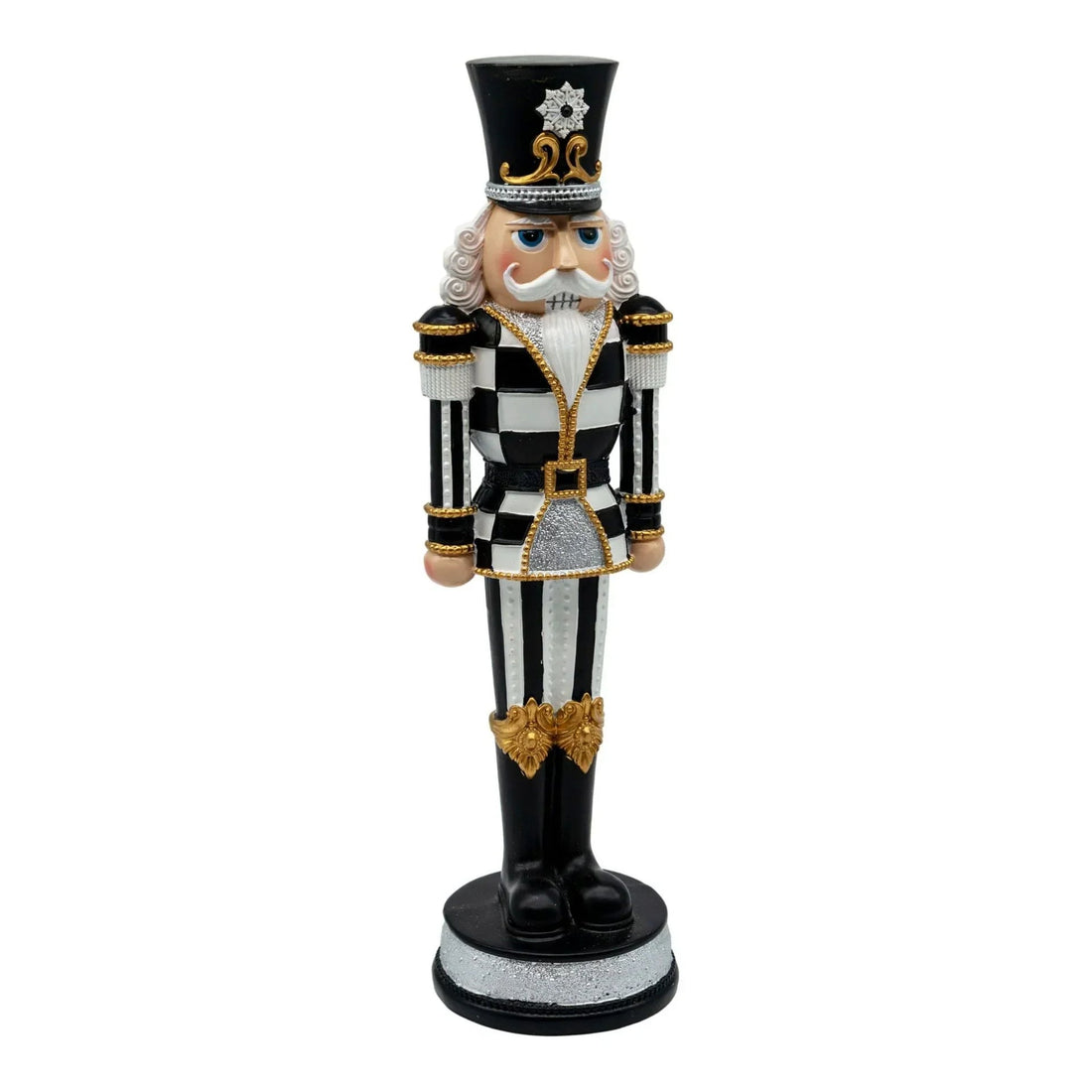 Black and white nutcracker soldier with gold accents, festive holiday decor for home