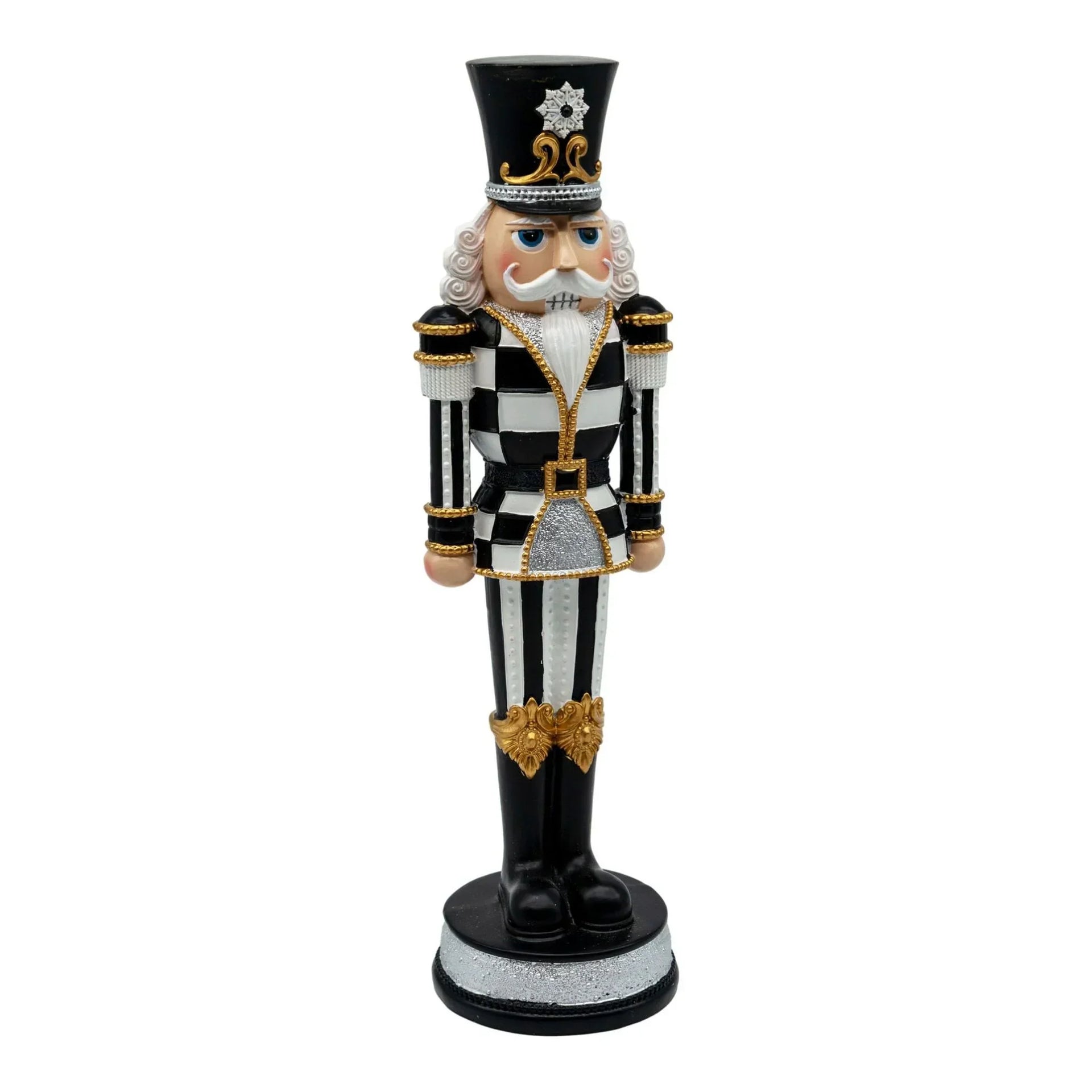 Black and white nutcracker soldier with gold accents, festive holiday decor for home