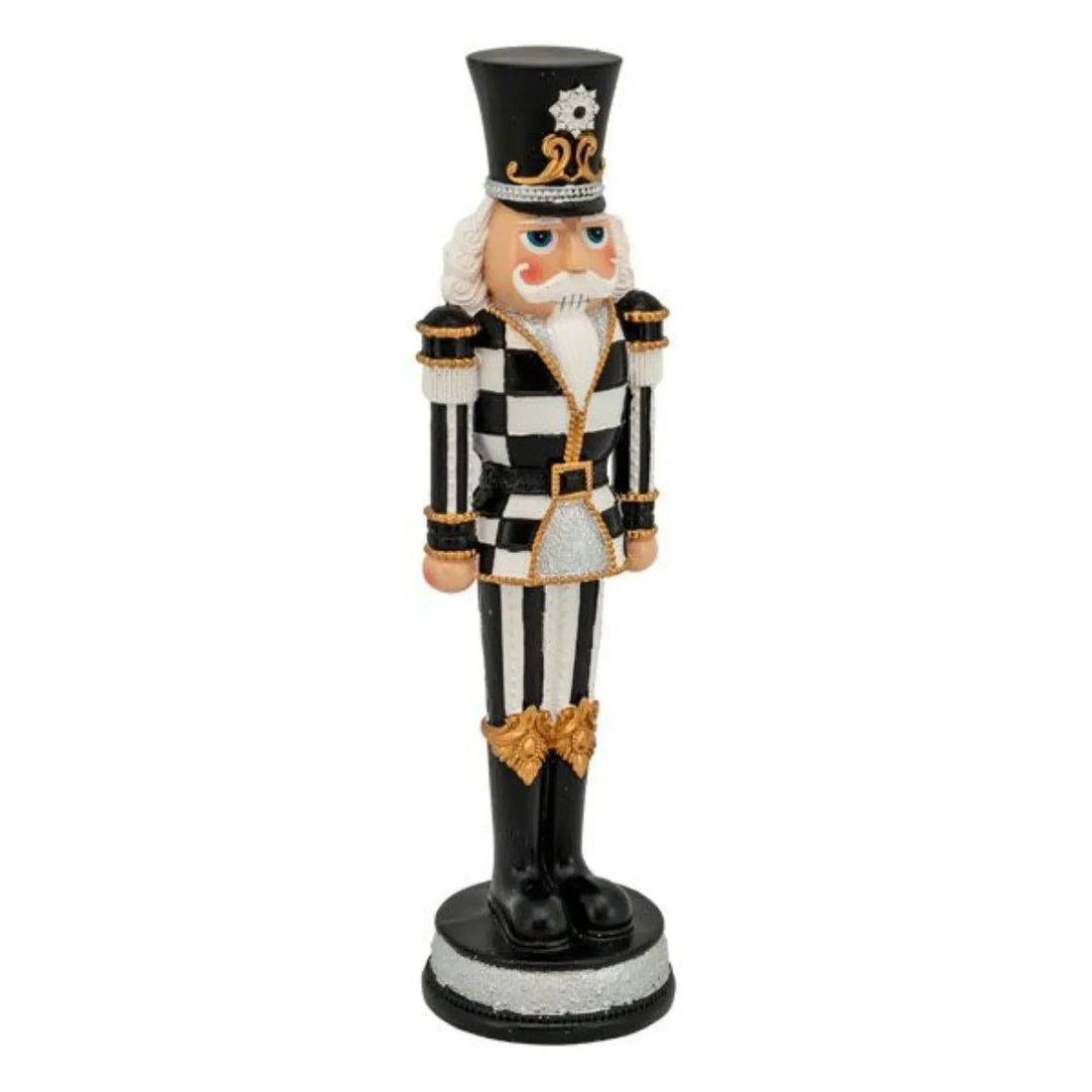 Black and white striped nutcracker soldier with gold accents, holiday home decor figurine