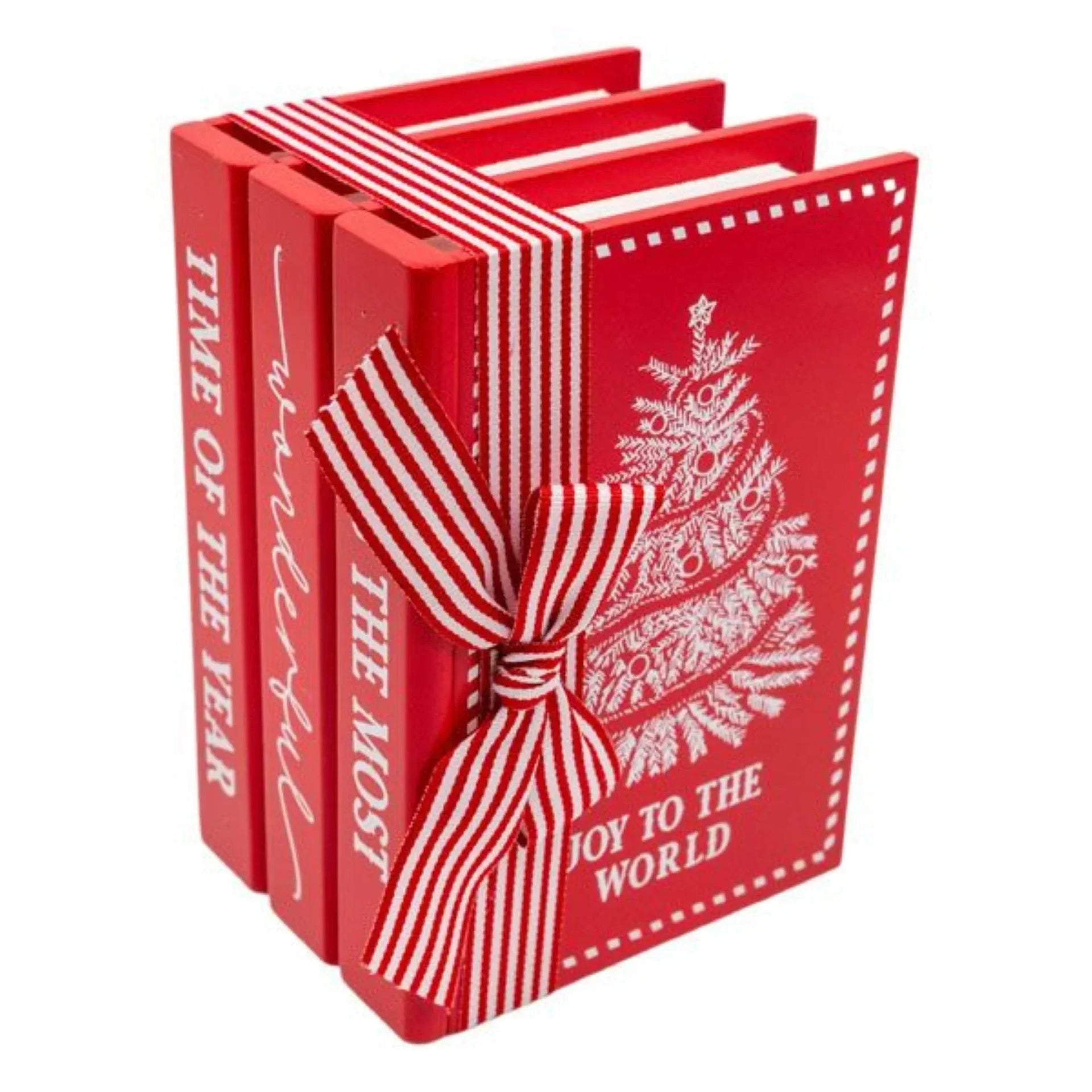 Red Christmas book set with festive tree design, striped ribbon, and holiday phrases for home décor