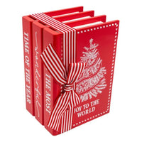Red Christmas book set with festive tree design, striped ribbon, and holiday phrases for home décor