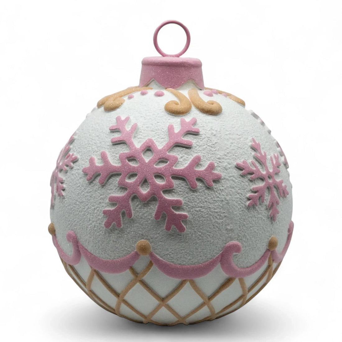 Pink snowflake Christmas ornament with glittery white and gold accents, festive holiday decoration