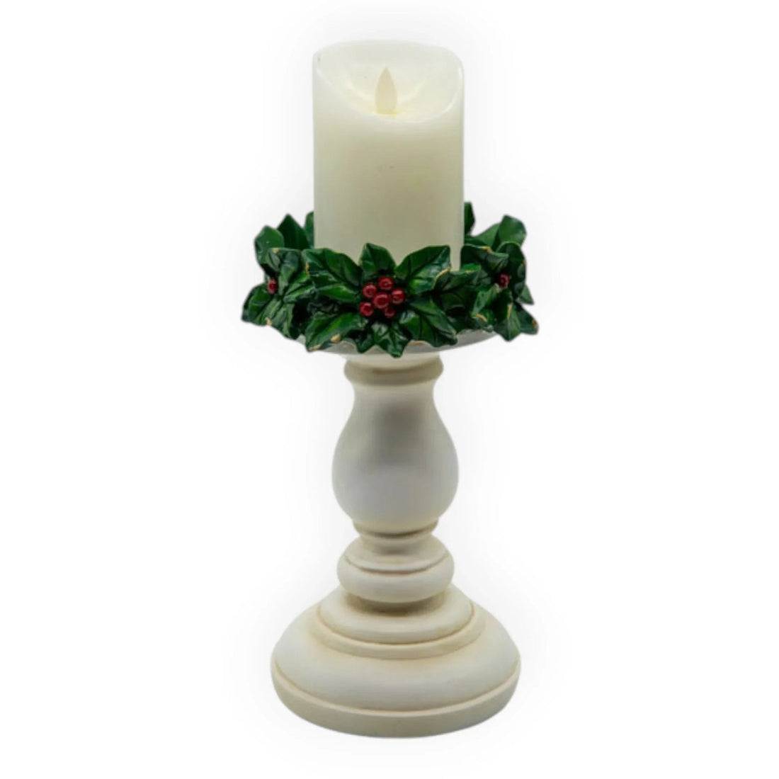 White candle holder with holly wreath, festive home decor for Christmas table or mantle