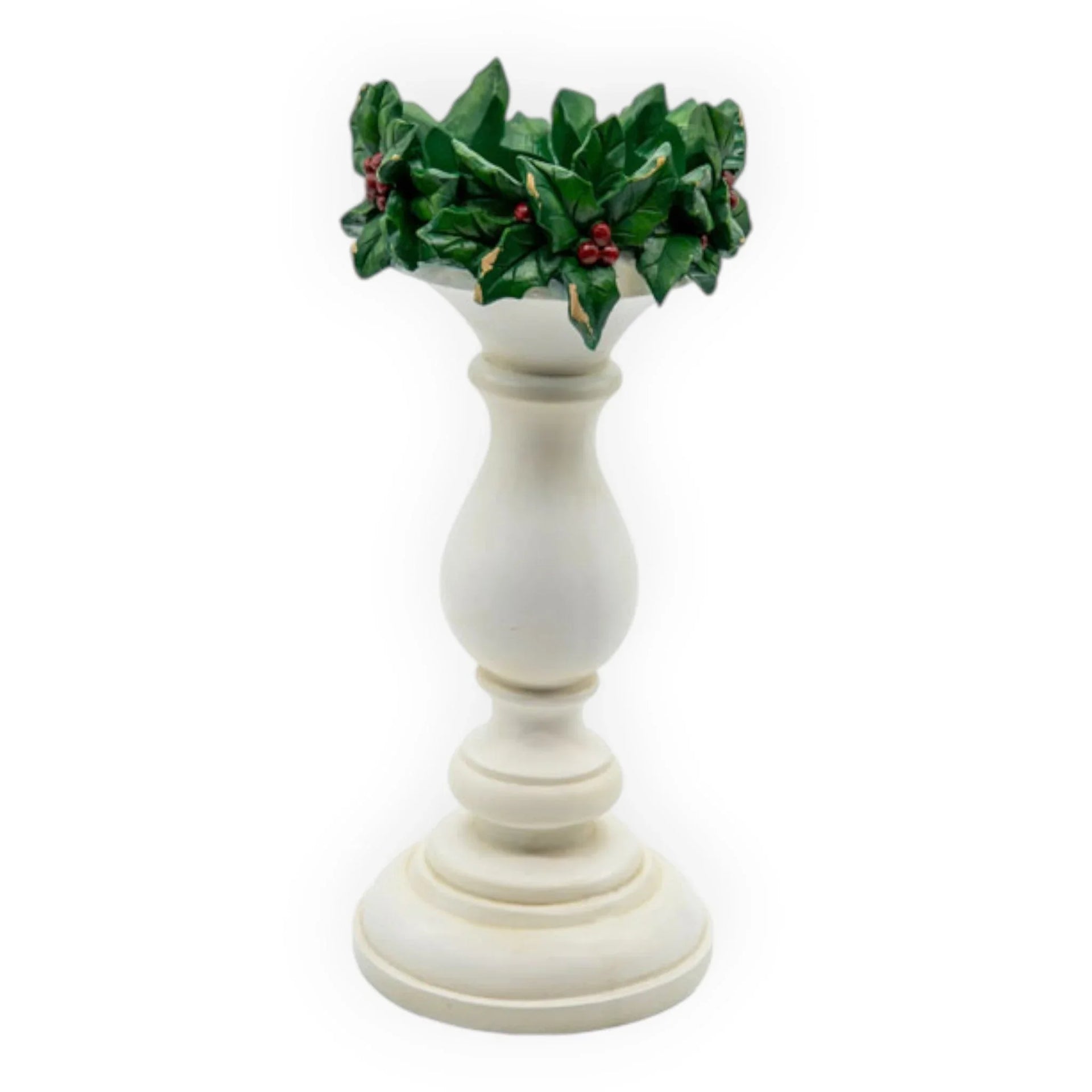 White ceramic pedestal with holly leaves and red berries, festive home décor accent