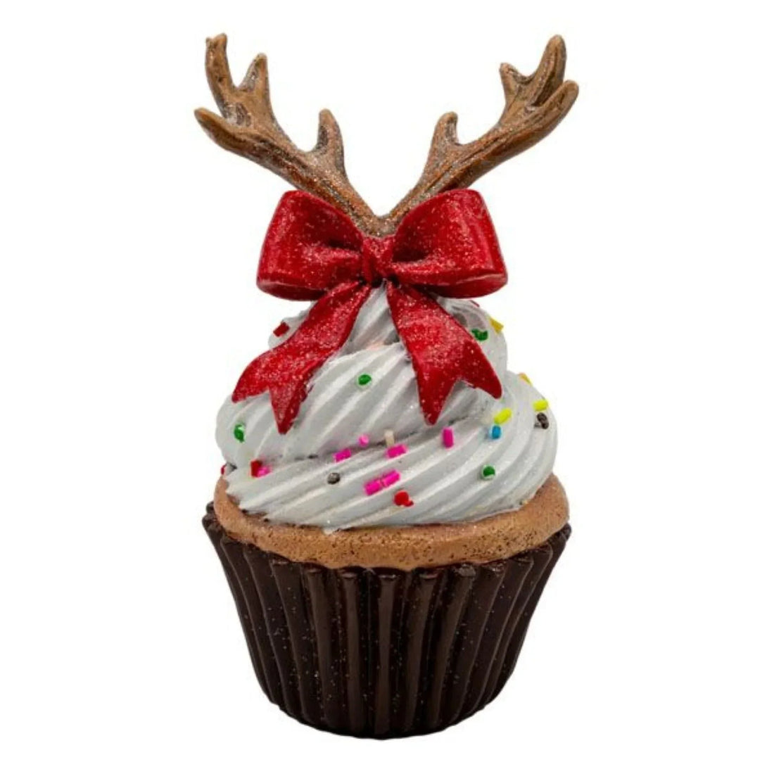 Festive reindeer cupcake with red bow and colorful sprinkles, perfect for holiday décor