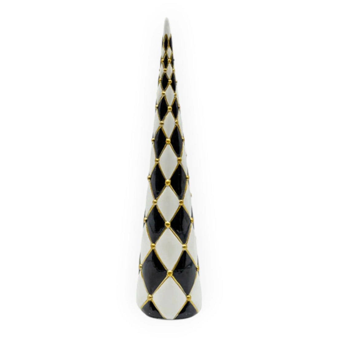 Black and white harlequin patterned cone-shaped home décor with gold accents