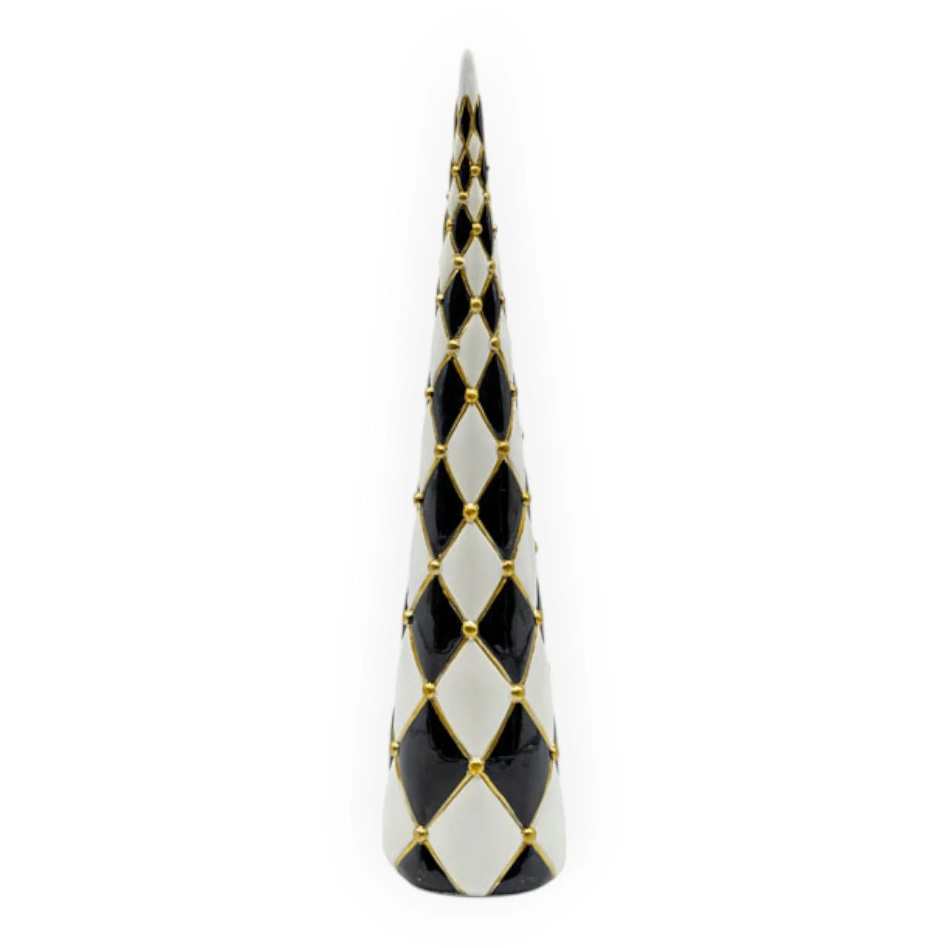 Black and white harlequin patterned cone-shaped home décor with gold accents