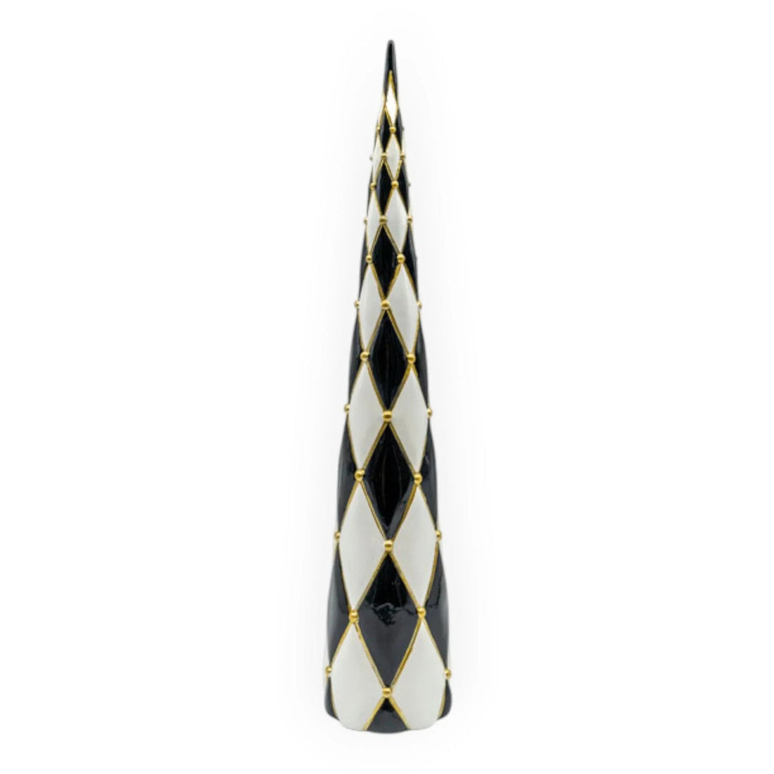 Black and white harlequin diamond pattern ceramic Christmas tree with gold bead detailing, 50cm