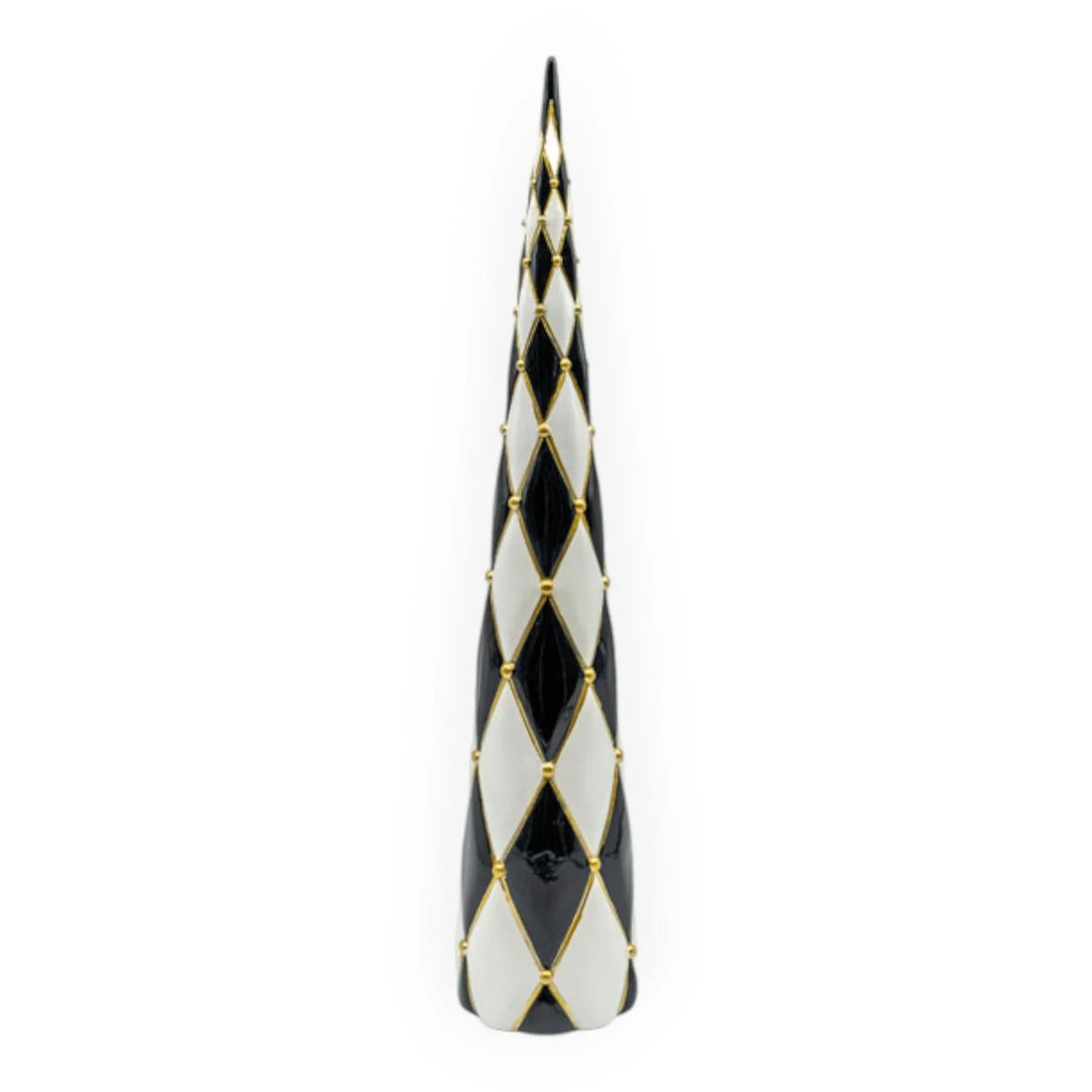 Black and white harlequin diamond pattern ceramic Christmas tree with gold bead detailing, 50cm