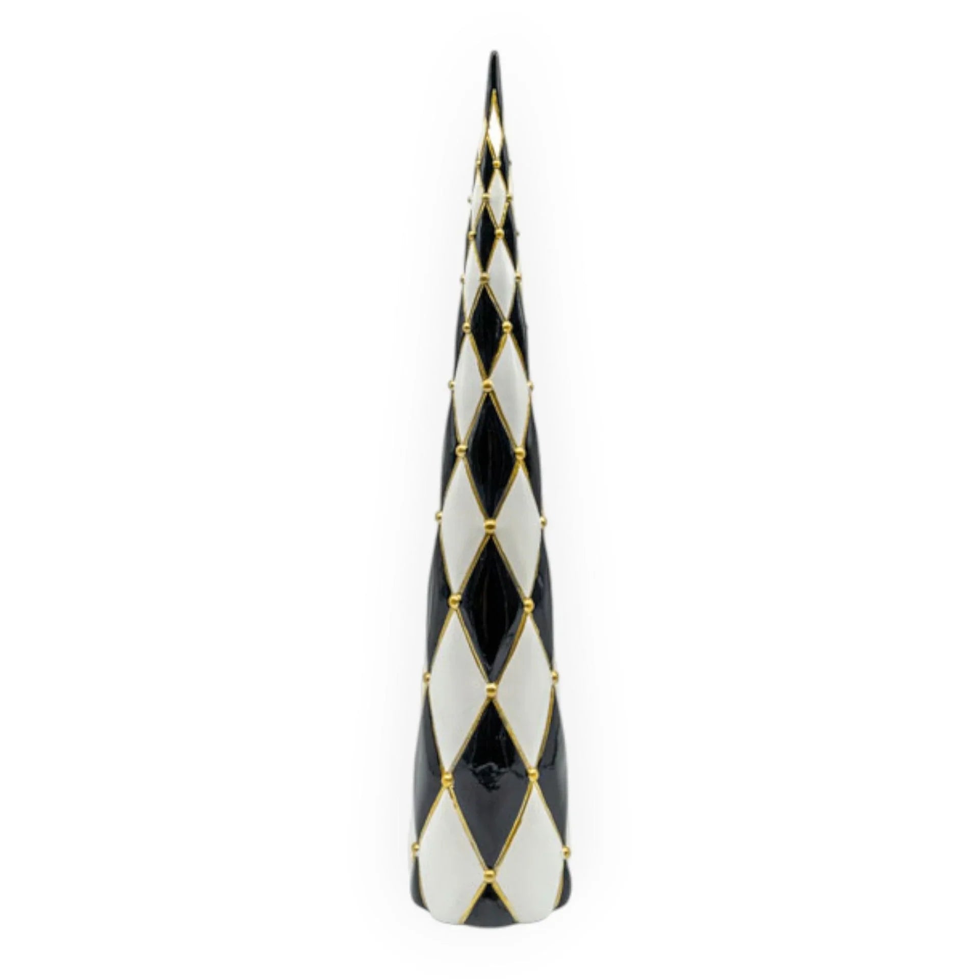 Black and white harlequin diamond pattern ceramic Christmas tree with gold bead detailing, 50cm
