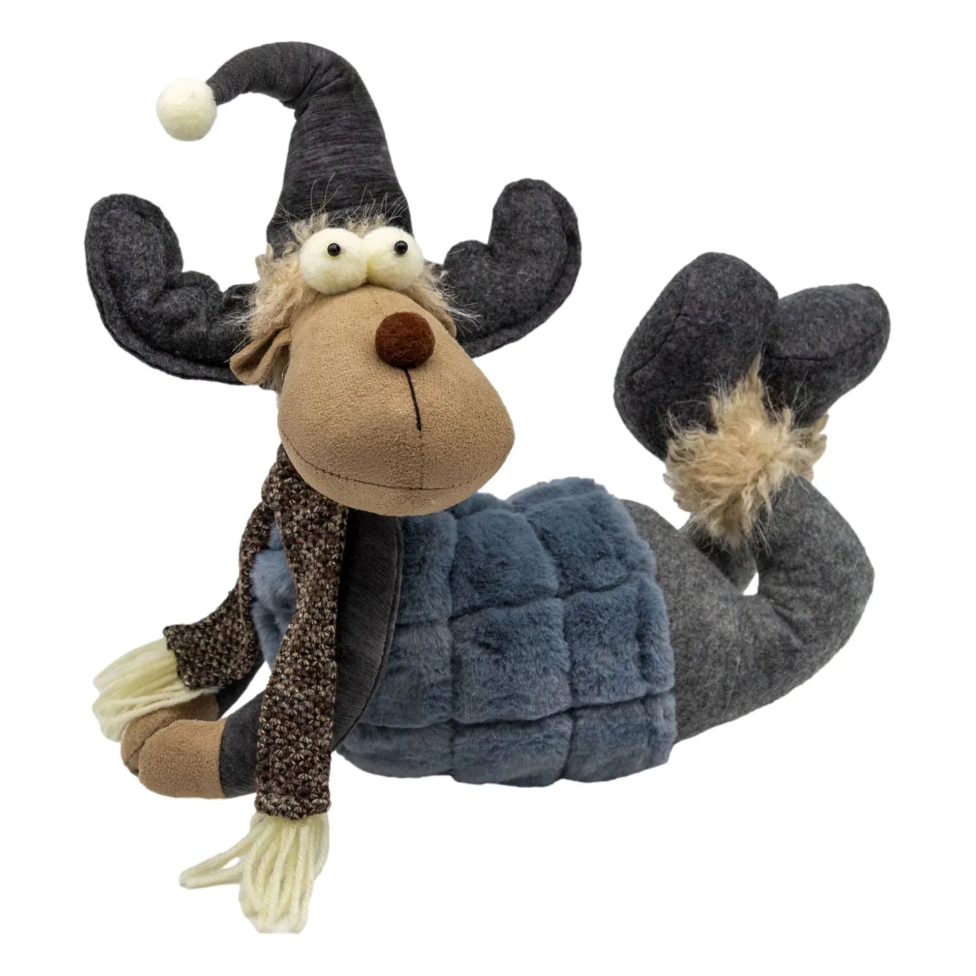 Festive moose plush toy wearing wizard hat, scarf, and quilted vest for holiday home decor