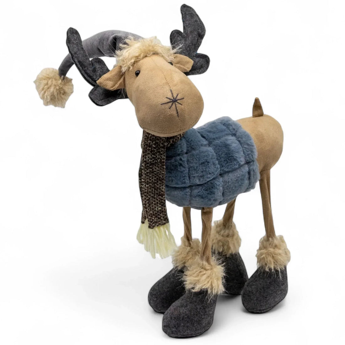 Plush moose decoration with blue vest, scarf, and boots for cozy home décor