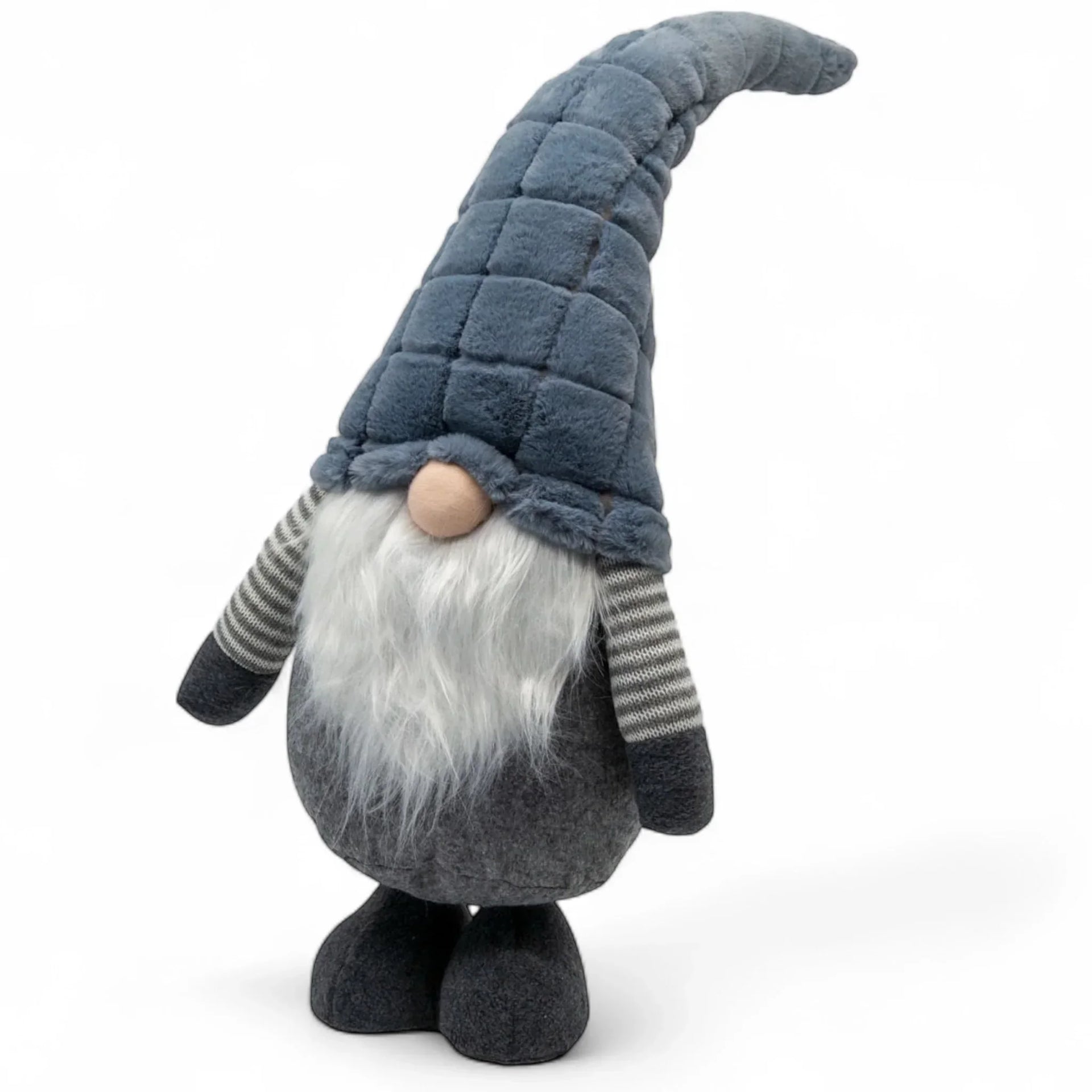 Plush gnome with blue quilted hat, striped sleeves, and white beard for home décor