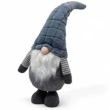 Plush gnome with blue quilted hat, striped sleeves, and white beard for home décor
